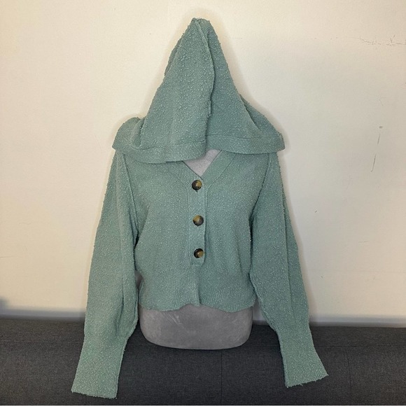 Free People Found My Friend Nubby Knit Hoodie Sweater Green- L - Picture 2 of 8